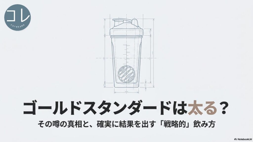 ゴールドスタンダードのプロテインは太るのか？という噂の真相と、確実にダイエット成果を出すための戦略的な飲み方を解説する記事のタイトルスライド。