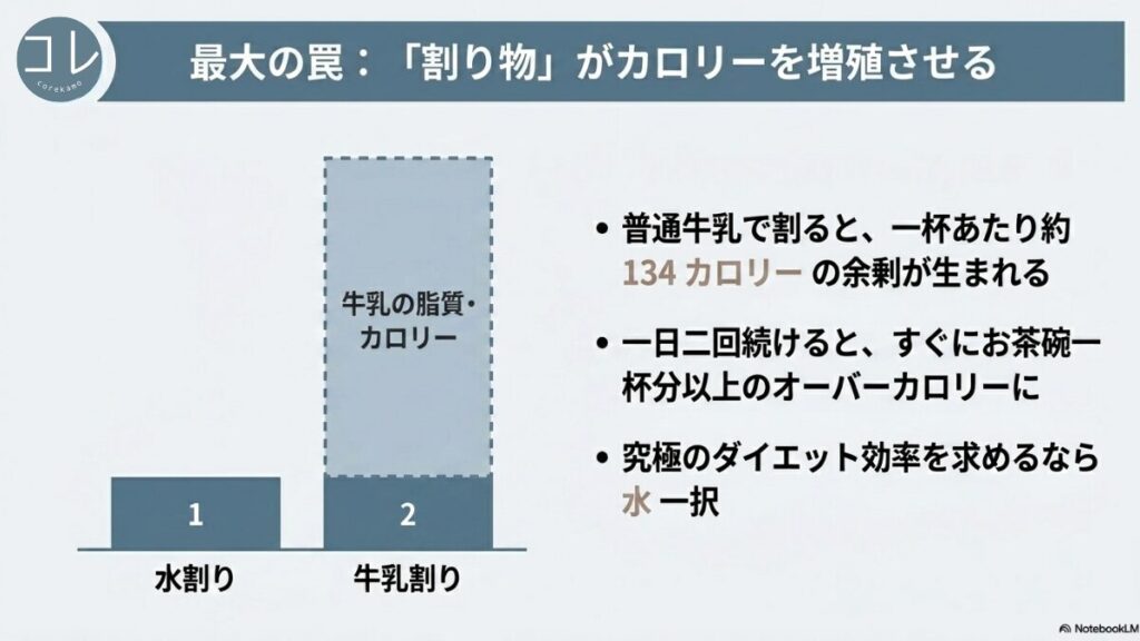 水割りと牛乳割りの違いを比較したイラスト。普通牛乳で割ると1杯あたり約134kcalの余剰カロリーが生まれ、1日2回でオーバーカロリーの原因になるため、究極のダイエット効率を求めるなら水割りが一択であることを示すスライド。