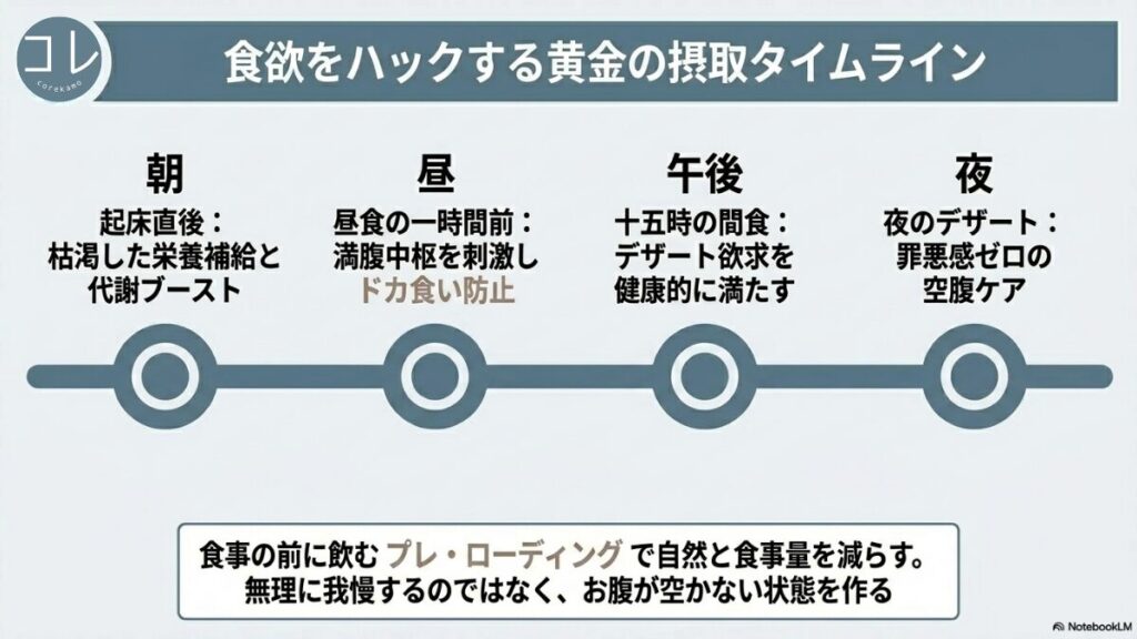 起床直後（栄養補給）、昼食1時間前（ドカ食い防止）、15時の間食（デザート欲求抑制）、夜のデザート（空腹ケア）の4つの時間帯を示したタイムライン。食事の前に飲む「プレ・ローディング」によって、無理なく自然とお腹が空かない状態を作る戦略を解説するスライド。