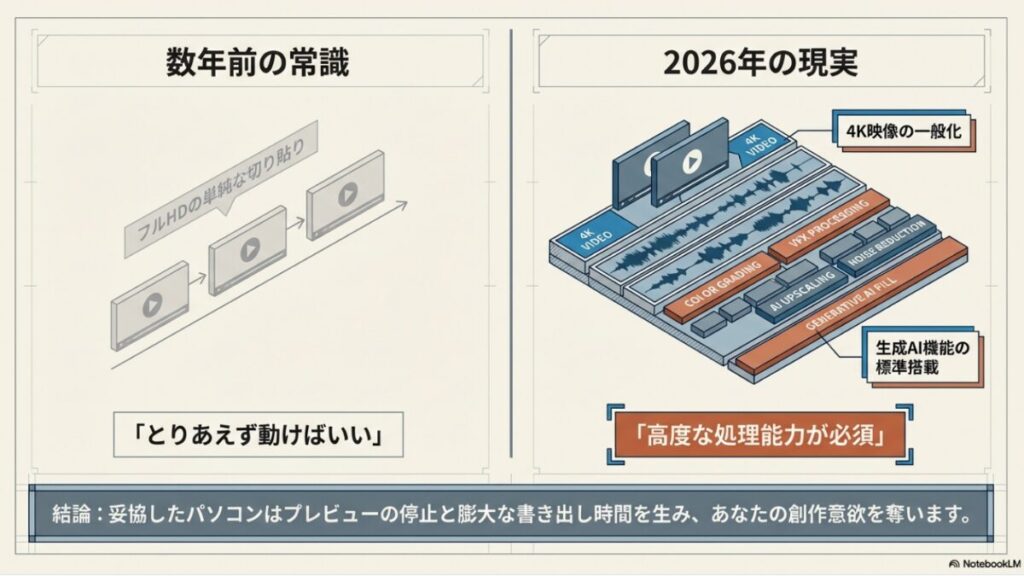 4K映像の一般化や生成AI機能の標準搭載により、2026年には高度な処理能力が必須であることを比較したスライド