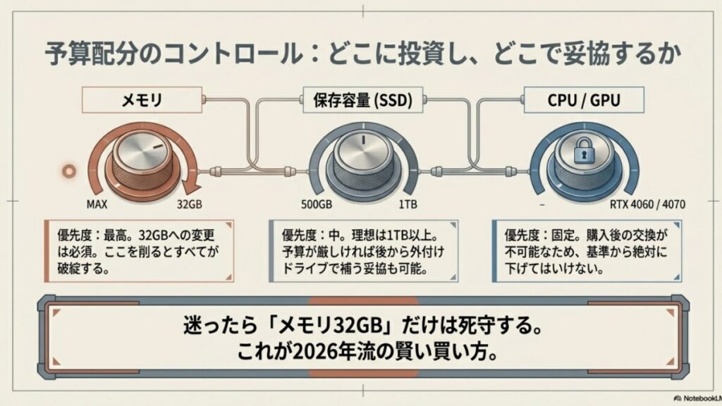 メモリ32GBへの増設を最高優先度とし、CPU/GPUは固定、SSDは予算に応じて調整すべきであることを示すダイヤル図