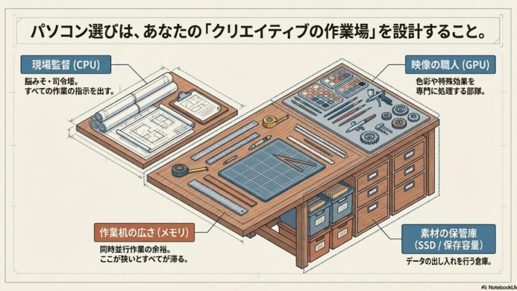 CPU(現場監督)、GPU(映像職人)、メモリ(作業机)、SSD(倉庫)に例えてパソコンパーツの役割を解説したイラスト