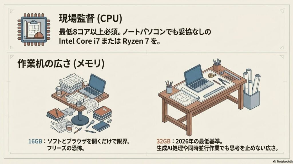 CPUは8コア以上必須、メモリは32GBが2026年の最低基準であることを示す解説スライド