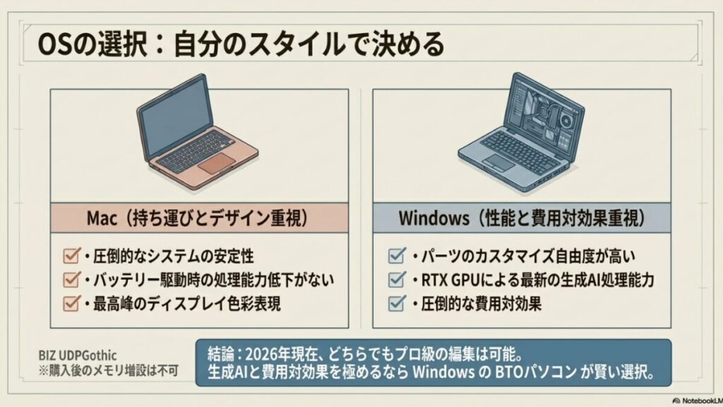 圧倒的な安定性のMacと、最新GPUによる生成AI処理能力とコスパのWindowsを比較したチェックリスト