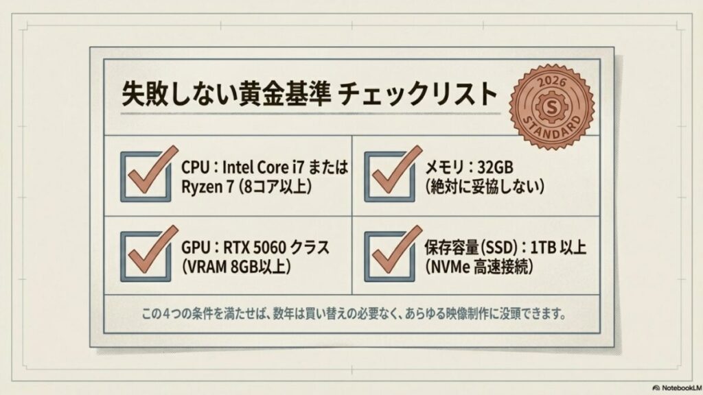 CPU(Intel Core i7/Ryzen 7)、メモリ(32GB)、GPU(RTX 5060)、SSD(1TB以上)の4つの必須条件をまとめたチェックリスト