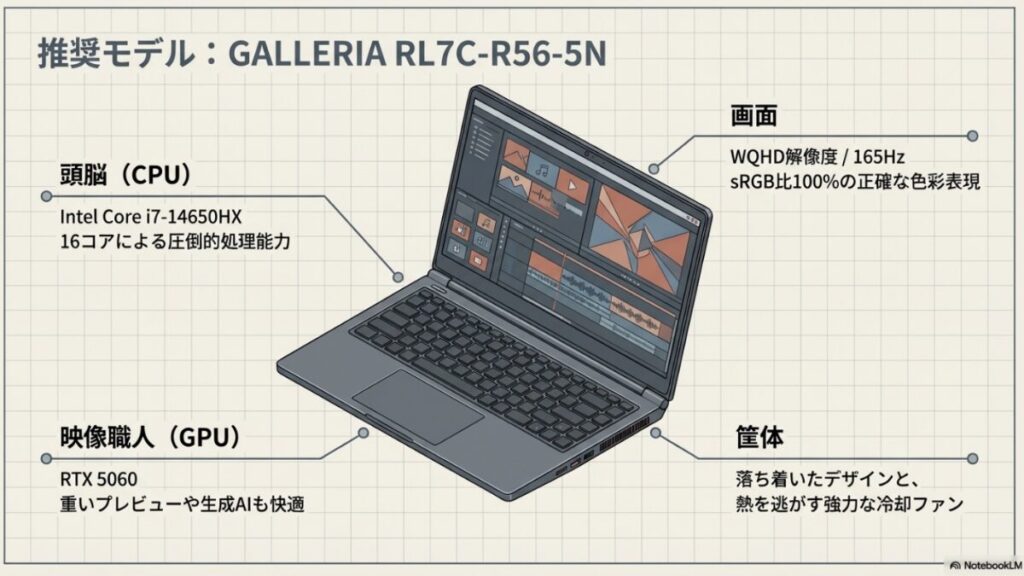 16コアCPU、RTX 5060、WQHD高精細液晶、強力な冷却ファンを備えたガレリアRL7C-R56-5Nの構成解説
