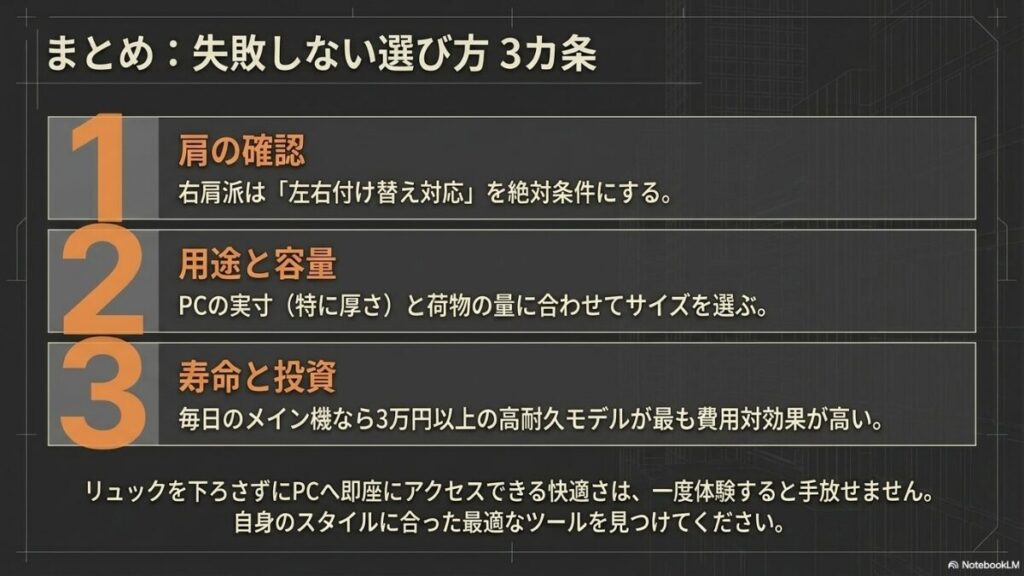肩の確認、用途と容量、寿命と投資の3点からなるバッグ選びのまとめ図。