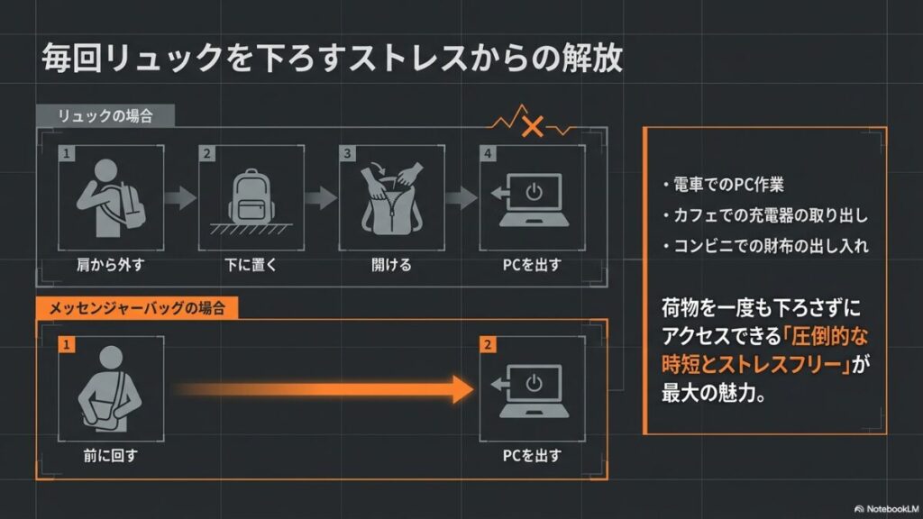 リュックとメッセンジャーバッグの荷物へのアクセス手順の比較図。メッセンジャーバッグはバッグを降ろさずに中身を取り出せることを強調。