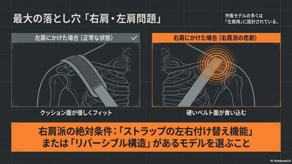 左肩用バッグを右肩にかけると、ストラップの硬い面が食い込む仕組みを説明した解剖図風のイラスト。
