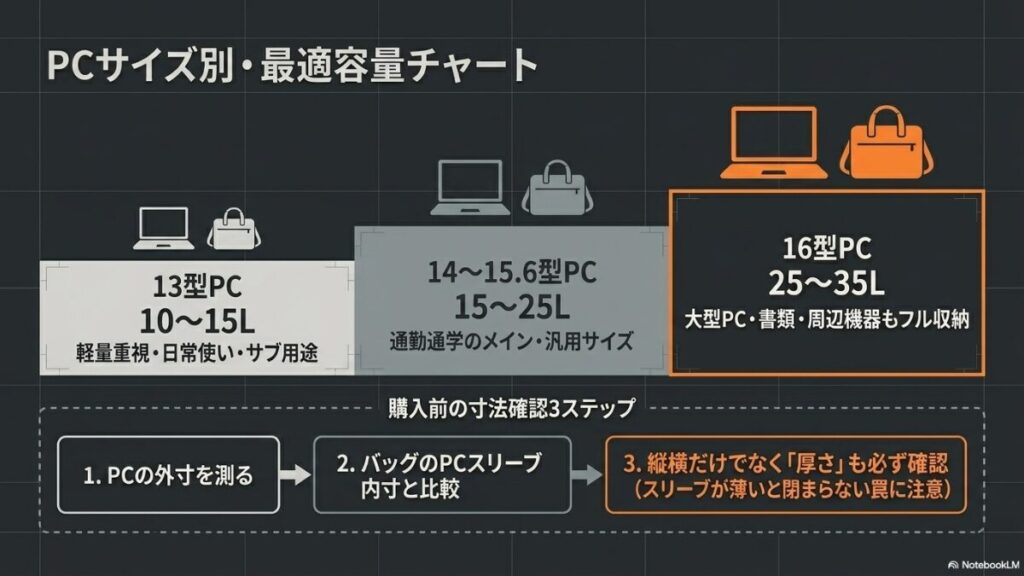 13型、14〜15.6型、16型のノートPCそれぞれに適したバッグ容量（L）の目安表。