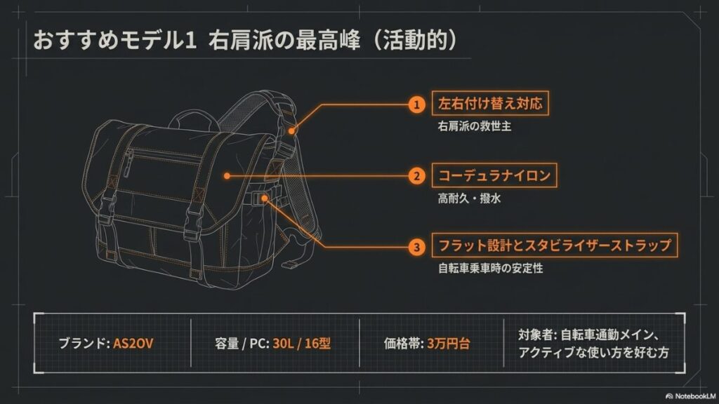 AS2OVメッセンジャーバッグの紹介。左右付け替え対応ストラップ、コーデュラナイロン採用、30L大容量などの特徴。