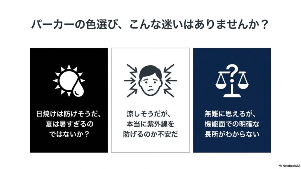 黒、白、ネイビー、ベージュの4色について、紫外線対策・涼しさ・合わせやすさを比較した表。ネイビーが最も均衡の取れた万能型と評価されている。