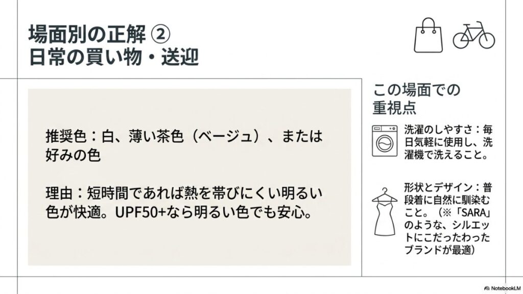 日常使いでは白やベージュを推奨。重視点として洗濯のしやすさと、普段着に馴染むデザインを挙げている。
