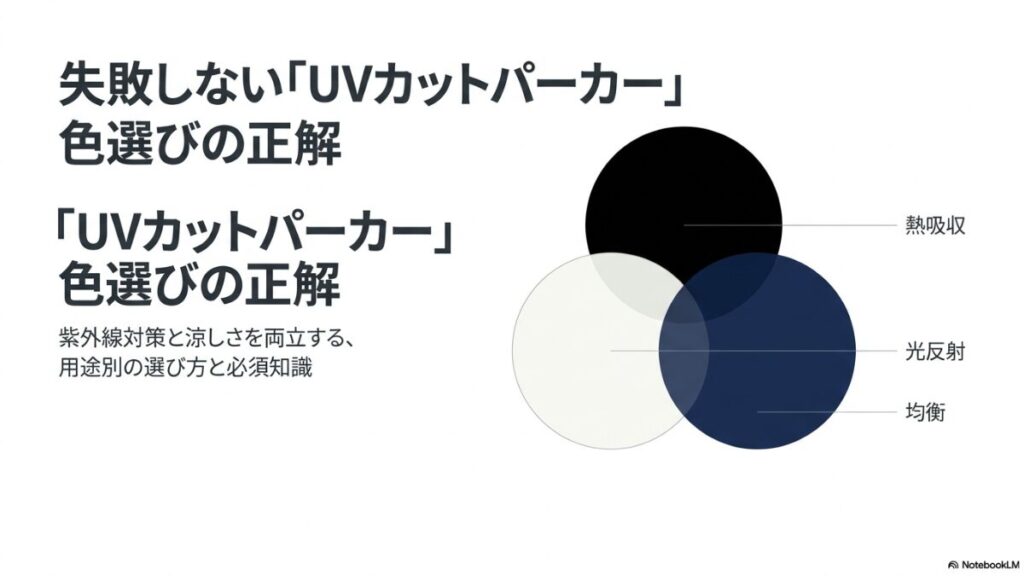 UVパーカーの色選びで「黒は暑いのではないか」「白は紫外線を防げるか」と悩む人のイラストと、熱吸収・光反射・均衡の3要素を表した図解。
