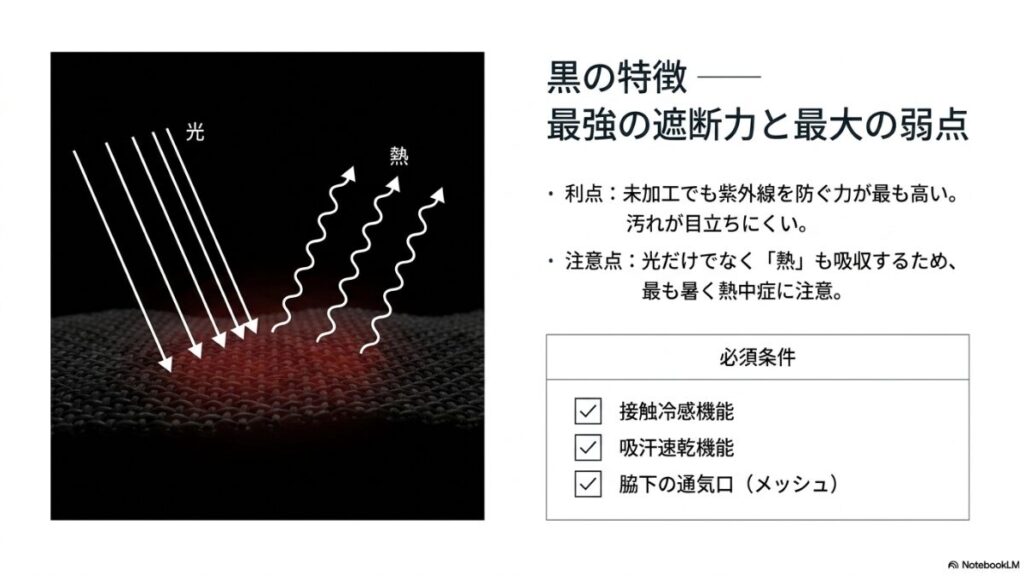 黒い生地が光と熱を吸収する図解。未加工でも紫外線遮断力が高い一方、熱を吸収するため熱中症への注意が必要であることを示している。