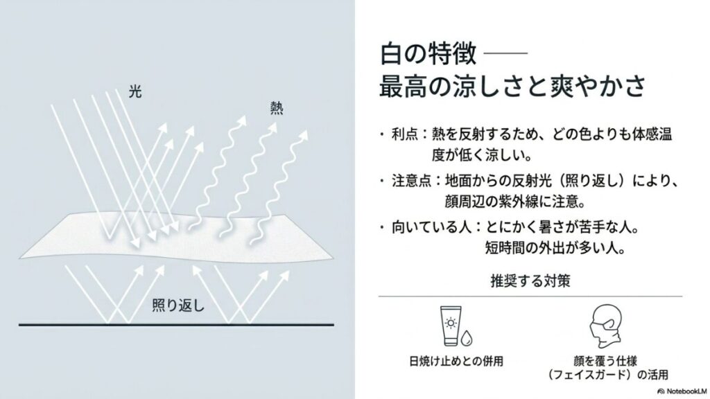 白い生地が光と熱を反射して涼しい反面、地面からの照り返しによる顔周辺の紫外線に注意が必要であることを示す図解。