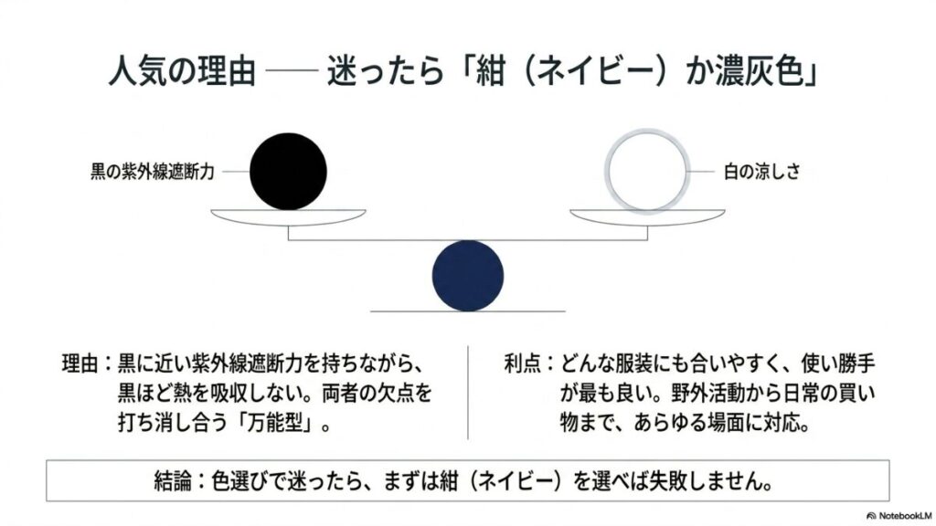 天秤のイラスト。黒の紫外線遮断力と白の涼しさを両立し、欠点を打ち消し合うネイビーの万能性を表現している。