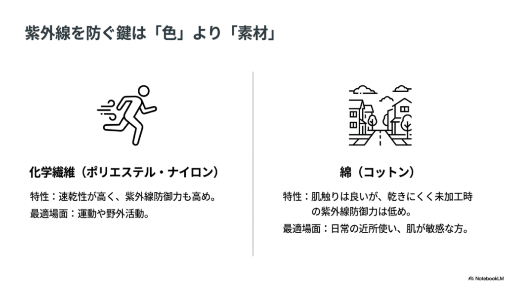 化学繊維（ポリエステル等）と綿の特性比較。化学繊維は速乾性と防御力が高い一方、綿は肌触りが良いが防御力は低めであることを示している。