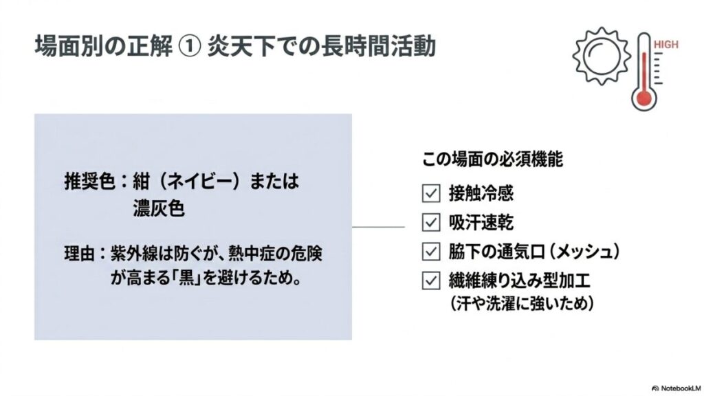 炎天下ではネイビーや濃灰色を推奨。必須機能として接触冷感、吸汗速乾、脇下メッシュ、繊維練り込み型加工を挙げている。