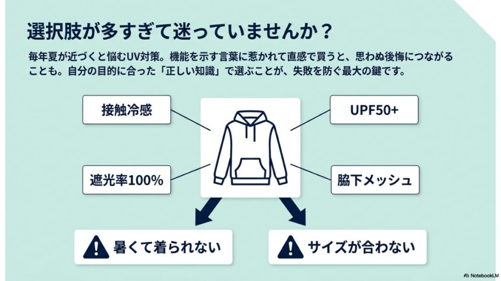 UVカット生地は紫外線のみを反射し、完全遮光生地は紫外線・可視光線・赤外線のすべてを遮断することを示す比較図。