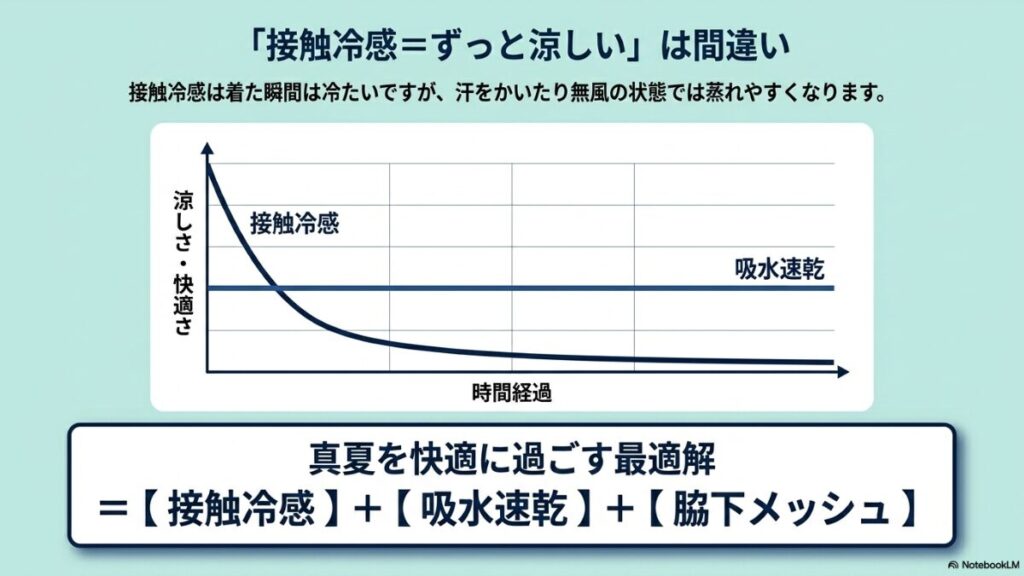 接触冷感だけでは不十分であることを示し、接触冷感、吸水速乾、脇下メッシュの3つを組み合わせるのが最適解であると説明する図。