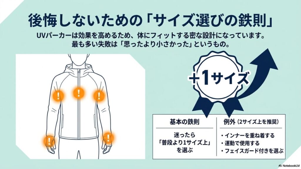 UVカットパーカーは通常より1サイズ上を選ぶべきであることを強調し、脇や手首などフィットしやすい箇所に注意を促すイラスト。