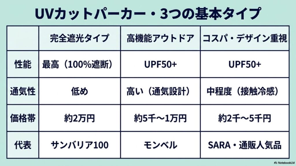 日光アレルギー、長時間屋外、おしゃれ、安さなど、ユーザーの目的別に最適なブランド（サンバリア100、モンベル、SARA、楽天・Amazon）をまとめた図。