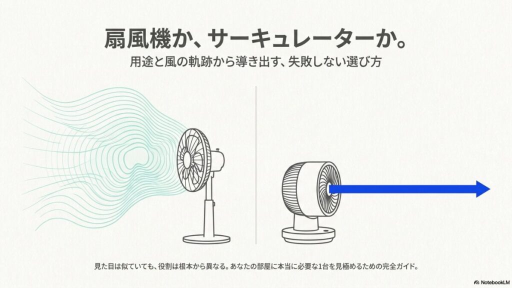 扇風機の広範囲に広がる風のイメージと、サーキュレーターの直線的にまっすぐ進む青い矢印の風のイメージを比較したイラスト。