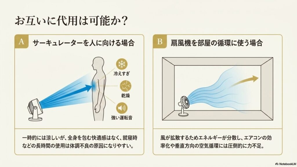サーキュレーターを人に向けた場合の冷えすぎ・乾燥・強い運転音のデメリットと、扇風機を部屋の循環に使った場合のエネルギー分散による力不足を説明する図解。