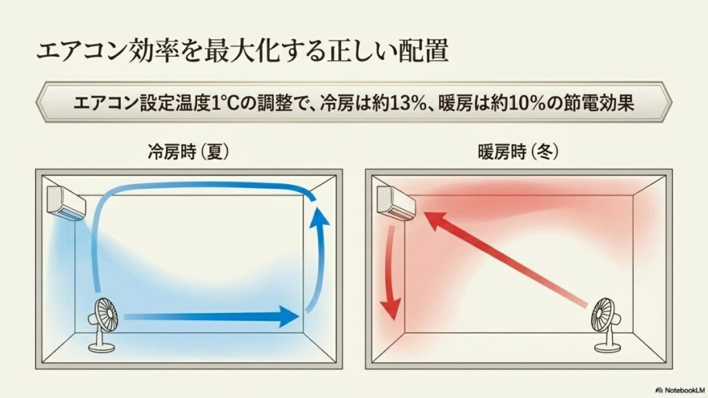 夏の冷房時にエアコンを背にして冷気を送る配置と、冬の暖房時にエアコンの対角線上から天井に向けて温風を循環させる配置を示した、エアコン効率を最大化する正しい配置図。