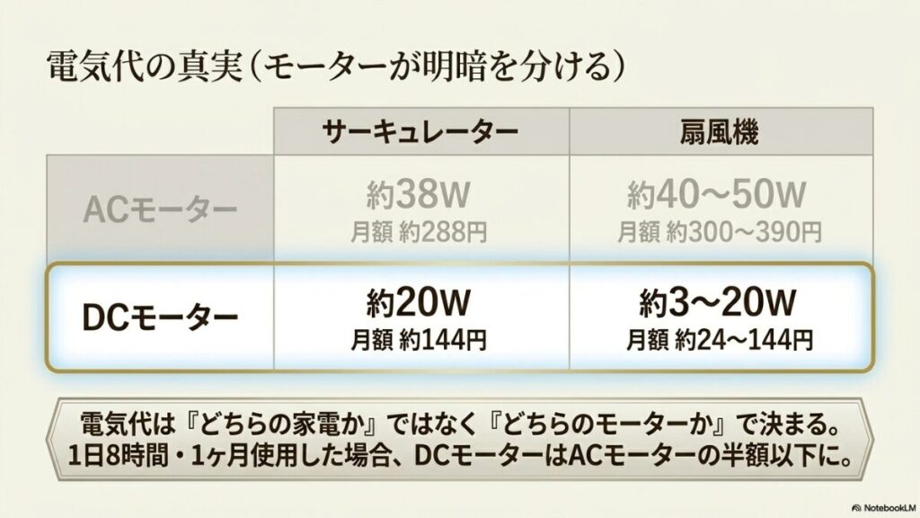 サーキュレーターと扇風機のACモーター・DCモーター別の消費電力(W)と、1日8時間1ヶ月使用した場合の月額電気代の目安を比較した料金表スライド。