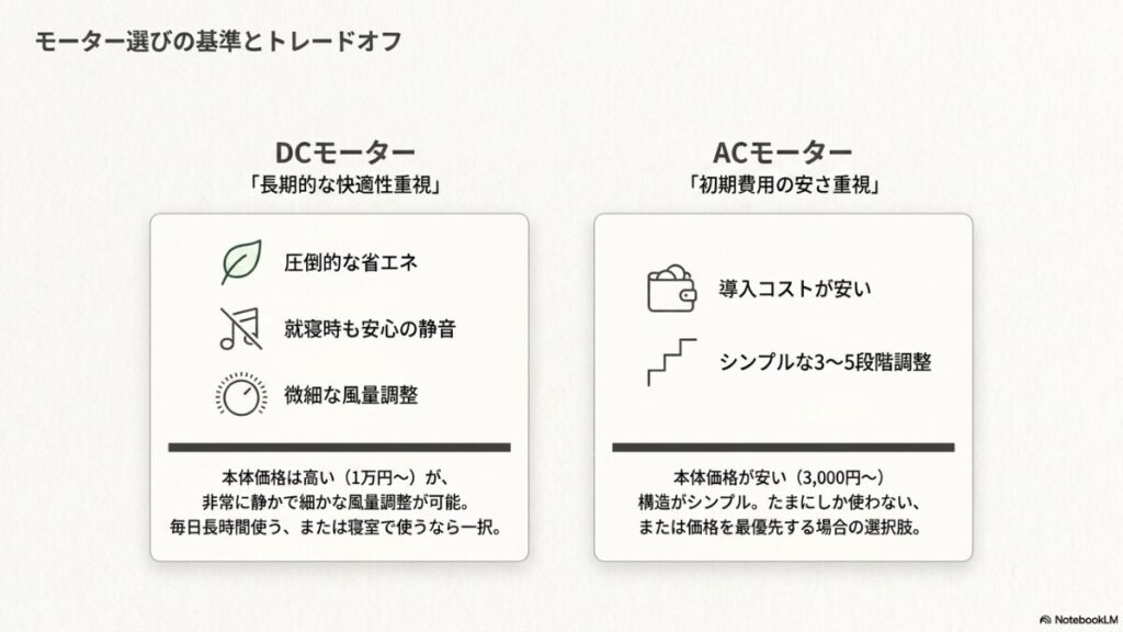 長期的な快適性を重視するDCモーター(省エネ・静音・微調整可・本体高価)と、初期費用の安さを重視するACモーター(導入コスト安・シンプルな調整・本体安価)の基準とトレードオフをまとめた解説スライド。