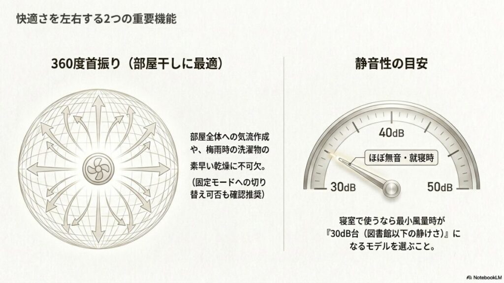 部屋干しに最適な360度首振りによる気流作成の解説と、就寝時に適したほぼ無音となる40dB以下の静音性の目安を示すメーターのイラスト。