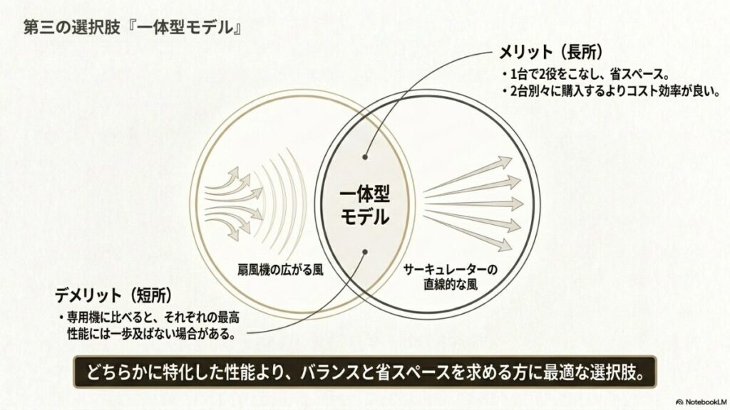 扇風機の広がる風とサーキュレーターの直線的な風の両方の特性を併せ持つ一体型モデルの、省スペース・コスト効率といったメリットと、専用機に一歩及ばないというデメリットを解説するベン図。