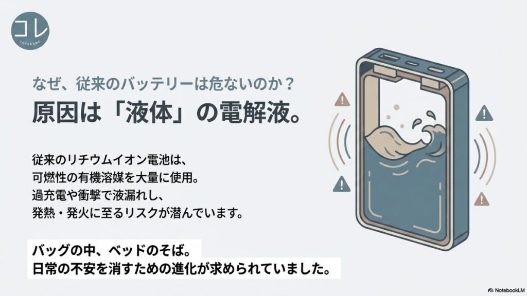 なぜ、従来のバッテリーは危ないのか？原因は「液体」の電解液。過充電や衝撃で液漏れし、発熱・発火に至るリスクが潜んでいることを示すイラスト。