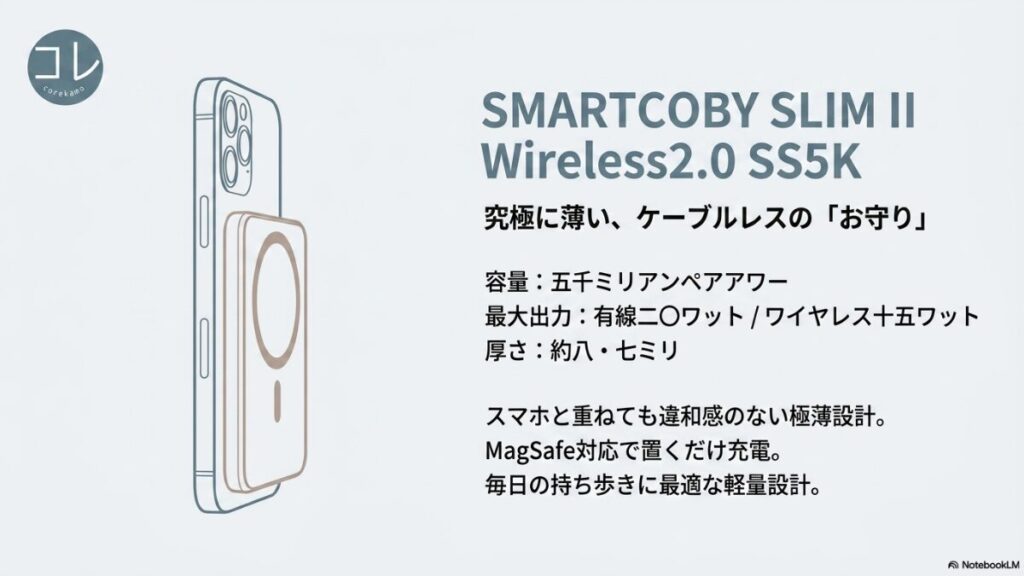 SMARTCOBY SLIM II Wireless2.0 SS5Kのスマートフォン装着イラスト。容量5000mAh、最大出力有線20W/ワイヤレス15W、厚さ約8.7mmでMagSafe対応の極薄・軽量設計お守りバッテリー。