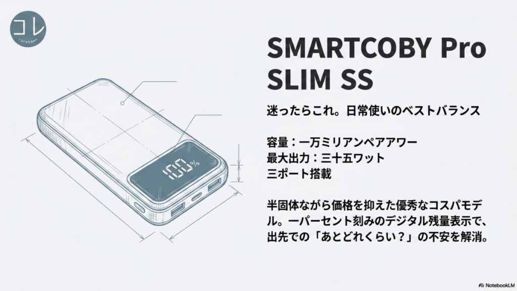 SMARTCOBY Pro SLIM SSの製品外観イラスト。容量10000mAh、最大出力35W、3ポート搭載。1%刻みのデジタル残量表示で「あとどれくらい？」の不安を解消する優秀なコスパモデル。
