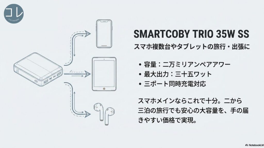 SMARTCOBY TRIO 35W SSからスマホ、タブレット、イヤホンへ給電する図解。容量20000mAh、最大出力35W、3ポート同時充電対応で旅行や出張に安心の大容量モデル。