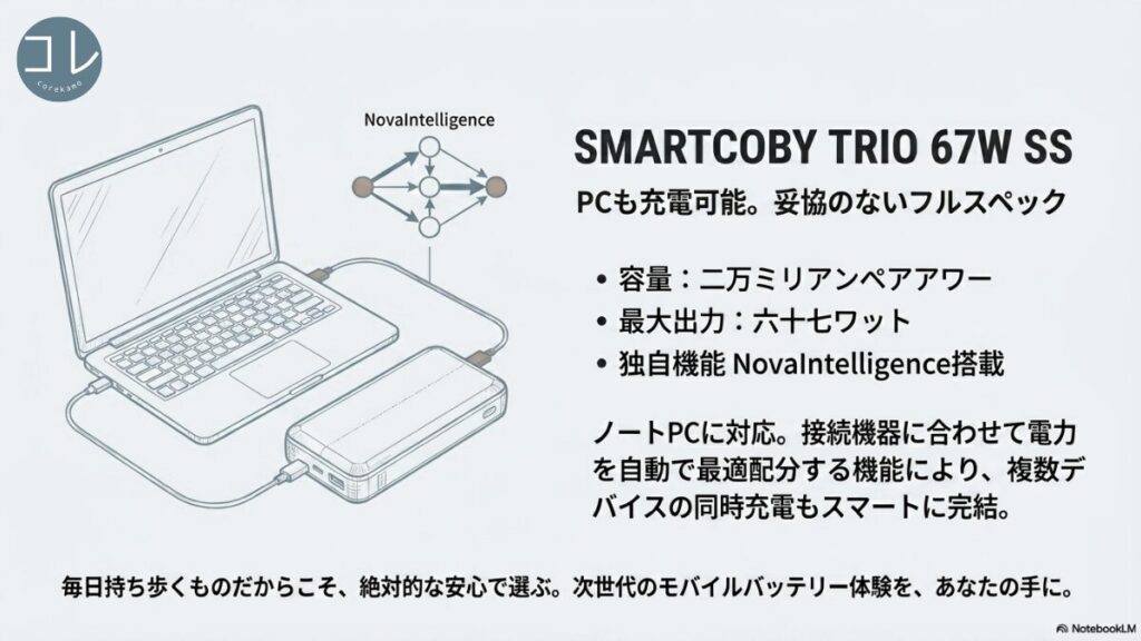SMARTCOBY TRIO 67W SSからノートPCに給電する図解。容量20000mAh、最大出力67W。接続機器に合わせて電力を自動で最適配分する独自機能NovaIntelligence搭載のフルスペックモデル。
