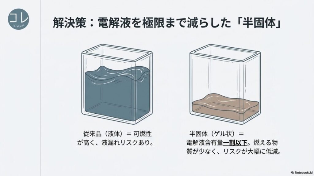 解決策：電解液を極限まで減らした「半固体」の図解。従来品（液体）は可燃性が高く液漏れリスクがあるのに対し、半固体（ゲル状）は電解液含有量一割以下でリスクが大幅に低減。