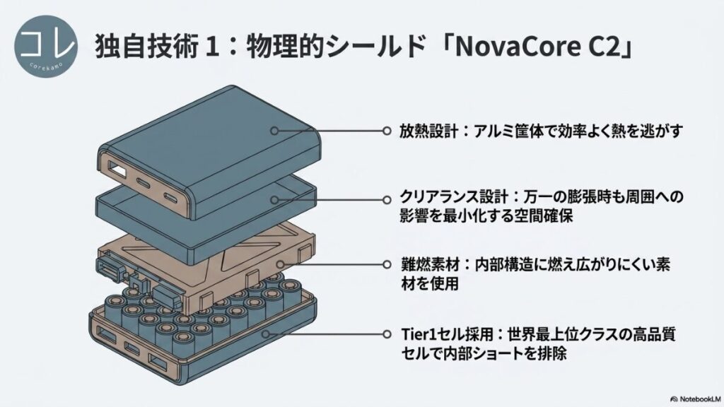 独自技術1：物理的シールド「NovaCore C2」の内部構造パーツ図解。アルミ筐体の放熱設計、万一の膨張時も空間を確保するクリアランス設計、難燃素材の使用、内部ショートを排除するTier1セル採用の説明。