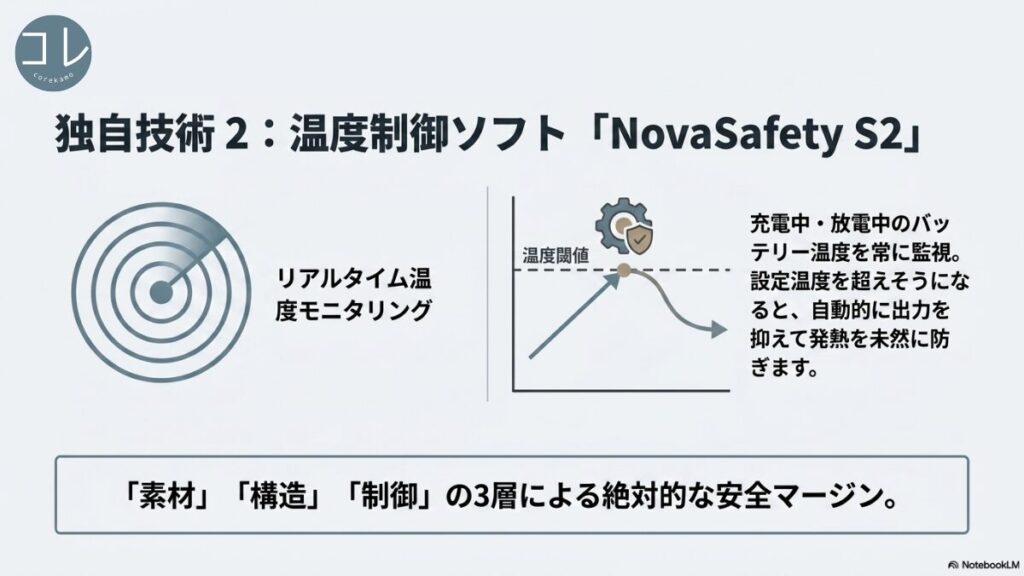 独自技術2：温度制御ソフト「NovaSafety S2」のリアルタイム温度モニタリンググラフ。充電中・放電中の温度を常に監視し、温度閾値を超えそうになると自動的に出力を抑えて発熱を未然に防ぐ仕組み。