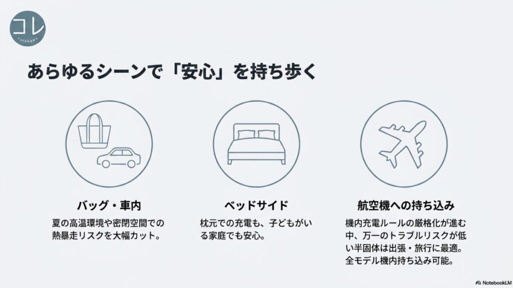 あらゆるシーンで「安心」を持ち歩く。バッグ・車内の熱暴走リスクカット、子どもがいる家庭でも安心のベッドサイド、全モデル機内持ち込み可能で万一のトラブルリスクが低い航空機への持ち込みのアイコンと説明。