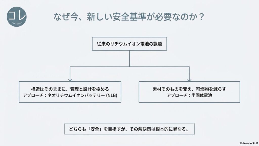 従来のリチウムイオン電池の課題から、構造はそのままで管理と設計を極める「ネオリチウムイオンバッテリー（NLB）」と、素材そのものを変えて可燃物を減らす「半固体電池」の2つのアプローチへ分岐することを示す概念図スライド。