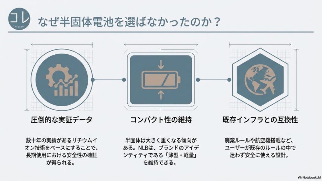 Ankerが半固体電池ではなくNLBを採用した理由として「圧倒的な実証データ」「コンパクト性の維持（薄型・軽量）」「既存インフラとの互換性（廃棄ルールや航空機搭載）」の3点を挙げたスライド。
