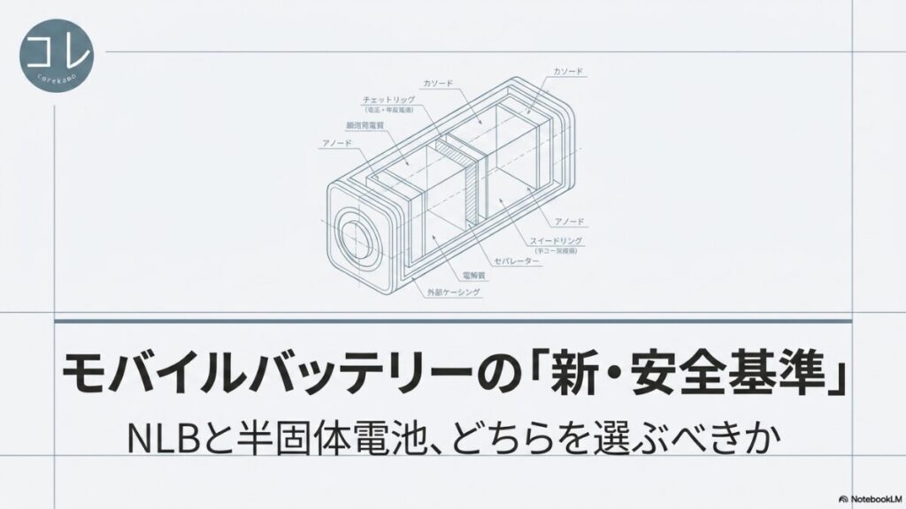 モバイルバッテリーの新安全基準に関するスライド。NLBと半固体電池のどちらを選ぶべきかをテーマに、バッテリーの内部構造図（アノード、カソード、電解質、セパレーター、外部ケーシングなど）が描かれています。