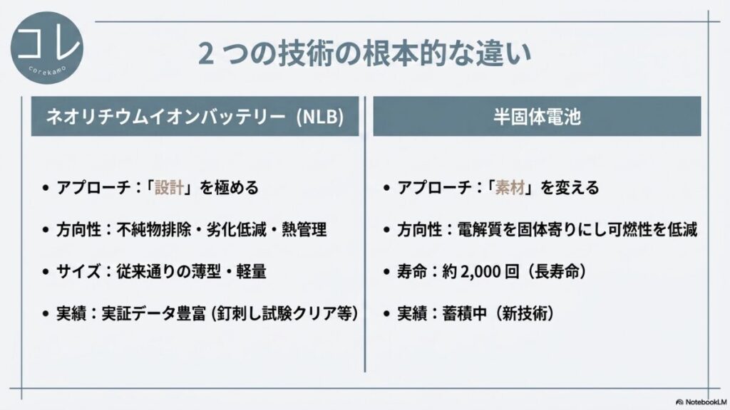 従来型の液体電解液（可燃性）が満たされた状態と、半固体電池で電解液含有量を10%以下に制限した状態の構造を比較し、物理的に燃えやすいものを減らして液漏れや発火リスクを低減する仕組みを説明したスライド。