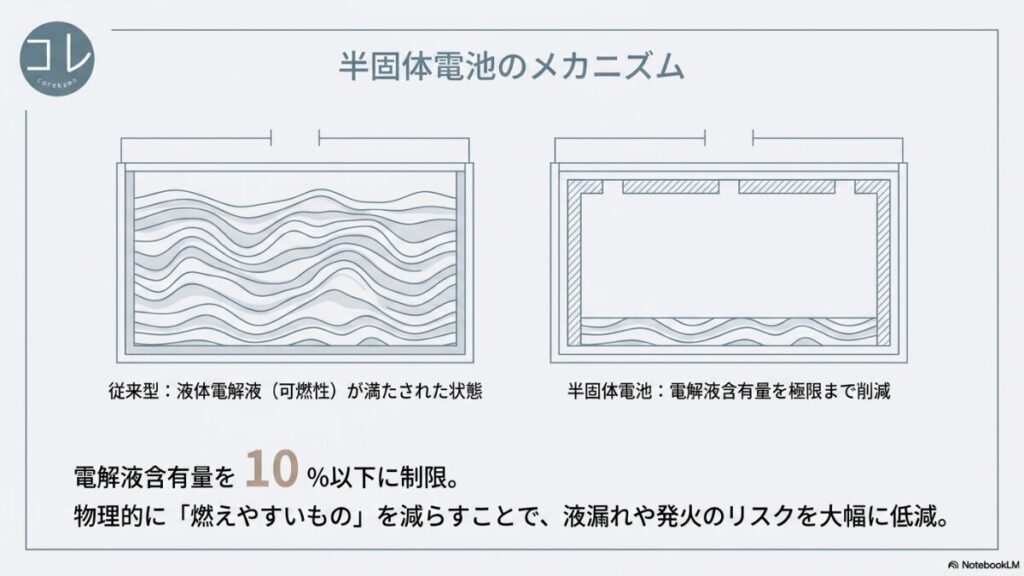 ネオリチウムイオンバッテリー（NLB）と半固体電池の、アプローチ、方向性、サイズ、寿命、実績の違いを比較したスライド。NLBは設計を極め従来通りのサイズ、半固体電池は素材を変え長寿命（約2,000回）であることが示されています。