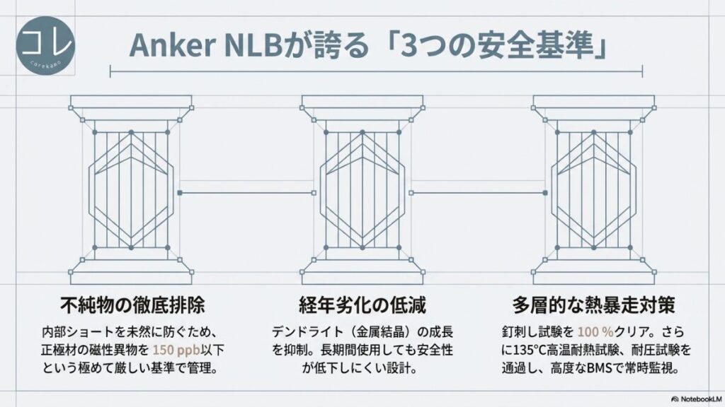 AnkerのNLB技術における「不純物の徹底排除（150ppb以下）」「経年劣化の低減（デンドライト抑制）」「多層的な熱暴走対策（釘刺し試験100%クリア、135℃高温耐熱試験、耐圧試験、BMS監視）」の3つの安全基準を解説したスライド。