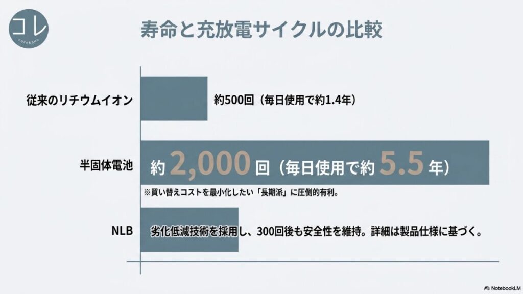 従来のリチウムイオン電池（約500回）と半固体電池（約2,000回）、および劣化低減技術を採用したNLBの充放電サイクルと毎日使用した場合の寿命目安（約1.4年 vs 約5.5年）を比較したスライド。
